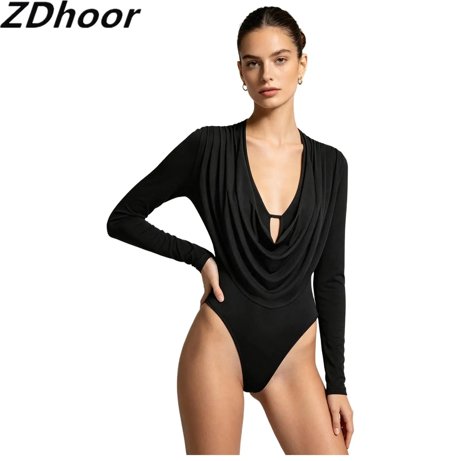Women Cowl Neck Leotard V Neck Waterfall Collar Drape Front Long Sleeve Buttoned Crotch Bodysuit Top for Daily Out Office Work