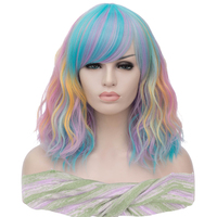 MSIWIGS Synthetic Hair Short Curly Mixed Rainbow Color Fake Hair Purple Blue With Blonde Red Highlight Bob Wig Ladies