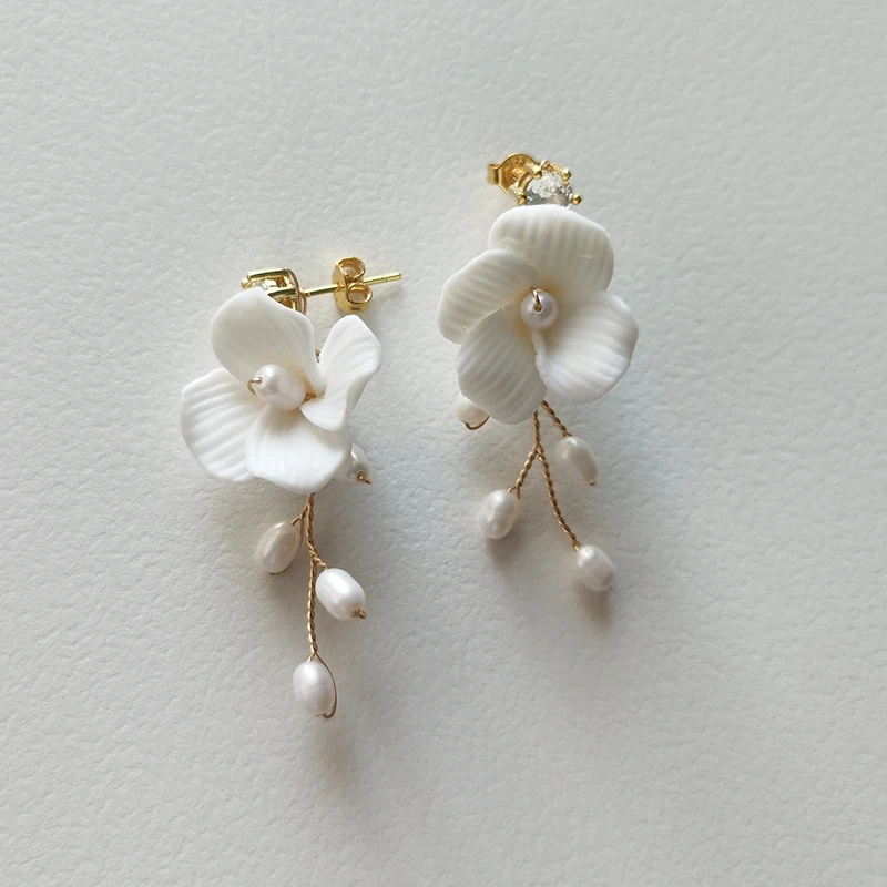 Mixed Styles Handmade Ceramic Flower Bridal Pendant Earring Wedding Pearl Dangle Stud Earrings For Women Girls