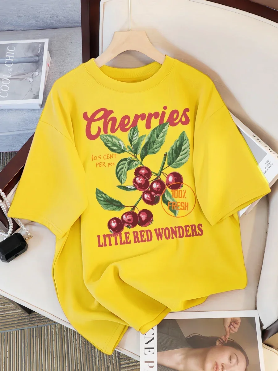 Camiseta com design de cerezas frescas y pequenas maravillas rojas para mujercamisetas informale ropa deportiva femenina de