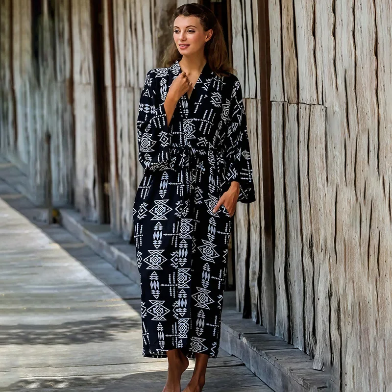 Kimono Largo Women Summer Beach Bohemian Long Dress Cotton Self Belted Loose Geometric Printed  Swimsuit Cover Up