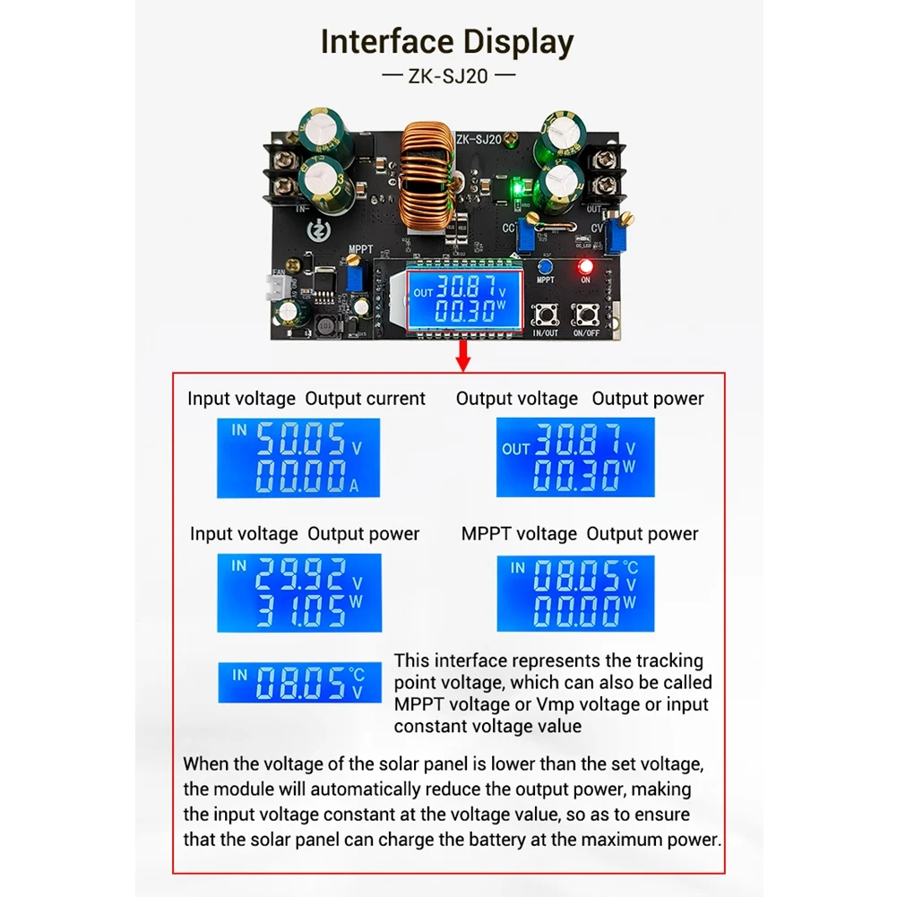 Automático Step Up Down Módulo com display LCD, Buck Boost Converter, Módulo de Alimentação, Placa ajustável, ZK-SJ20