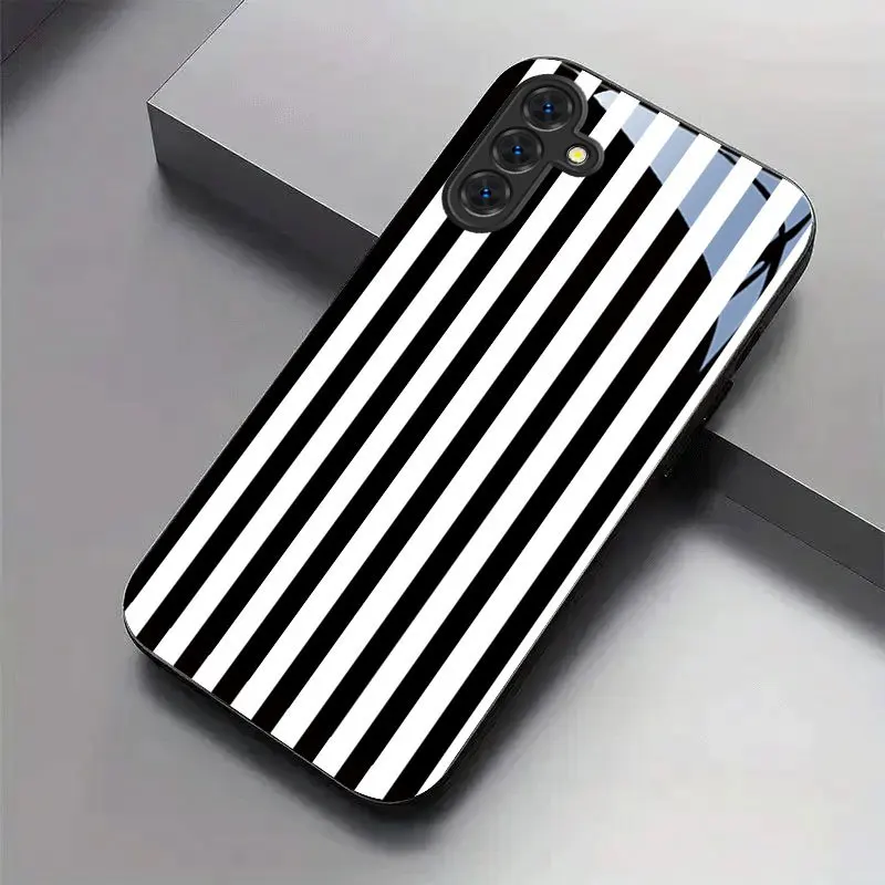 Black and White Vertical Stripe Pattern and Tempered Glass for S26 Ultra, S25, S24Plus, S22, S23 Ultra, S24+, s21