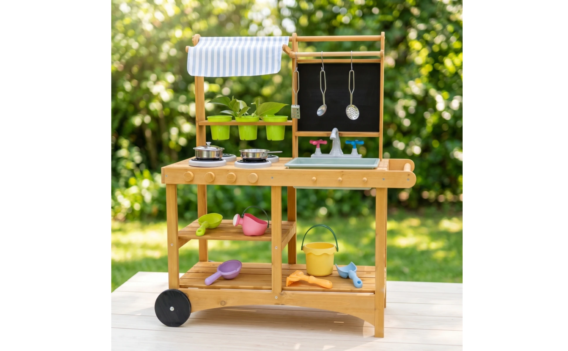 Toy Kitchen with Canopy Practical Pretend Kitchen with Wheels Playset Long-Lasting Safe for Children, Backyard, Daycare