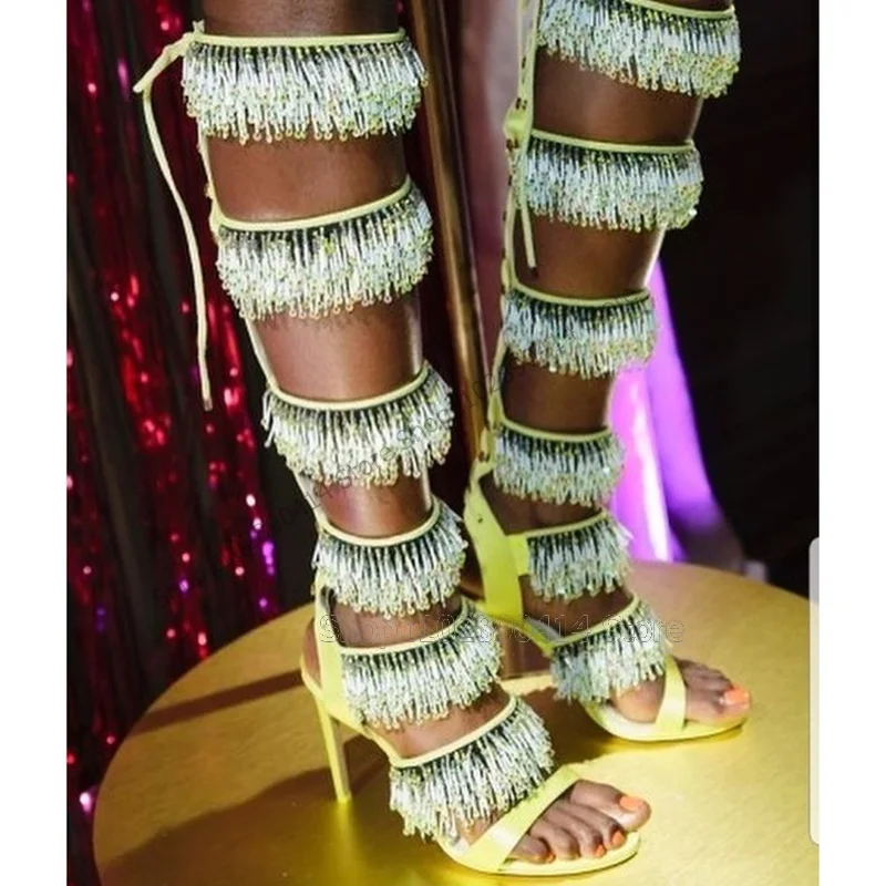 Crystal Beads Tassels Yellow Cut Heel Sandals Boots Back Strap Women Shoes Thin High Heels Open Toe New 2024 Zapatos Para Mujere