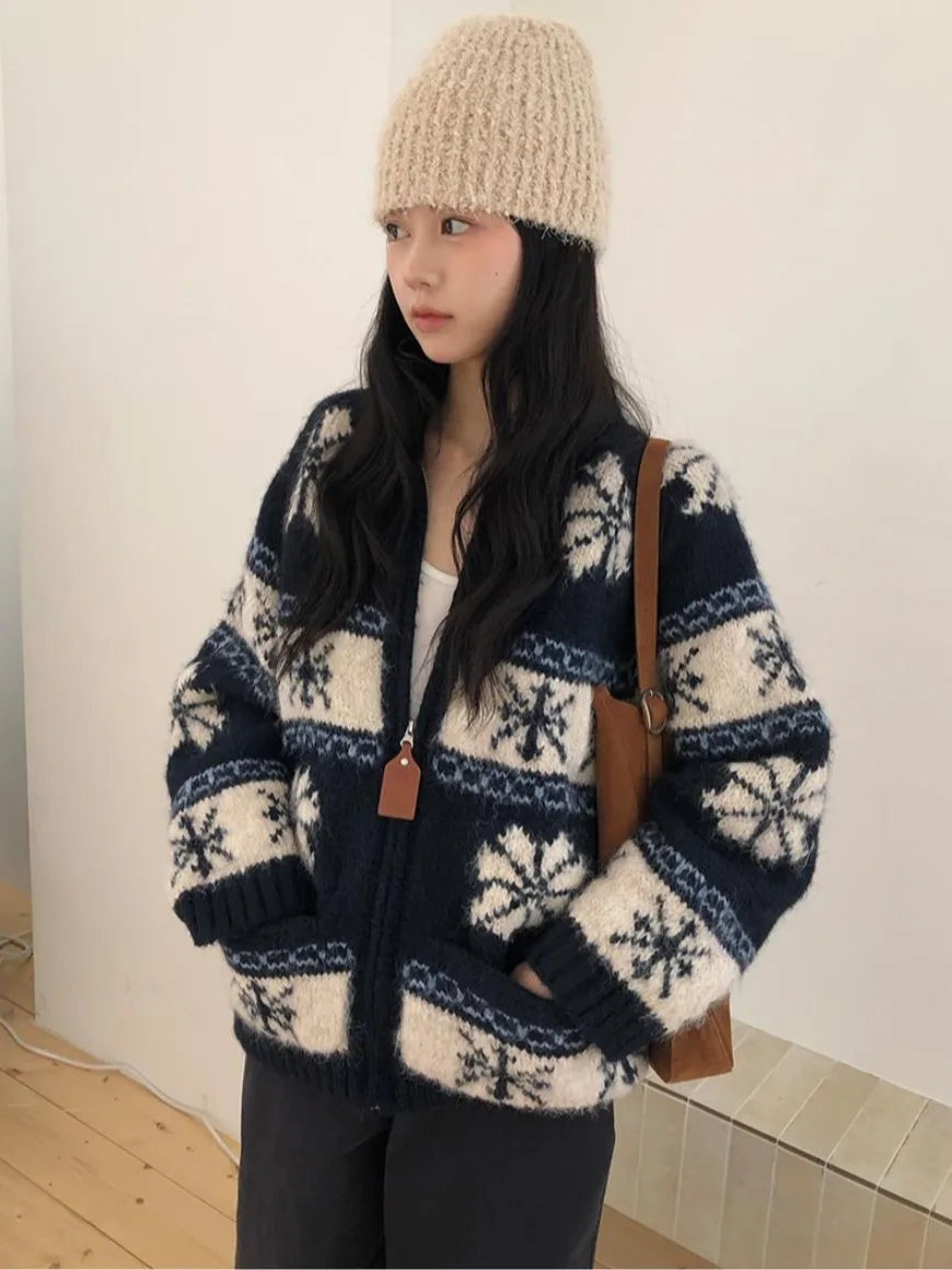 

Retro Fair Isle Knitted Cardigan Women's Soft Cozy Sweater with Double kets Autumn Winter New Sle Color Blo Sweater