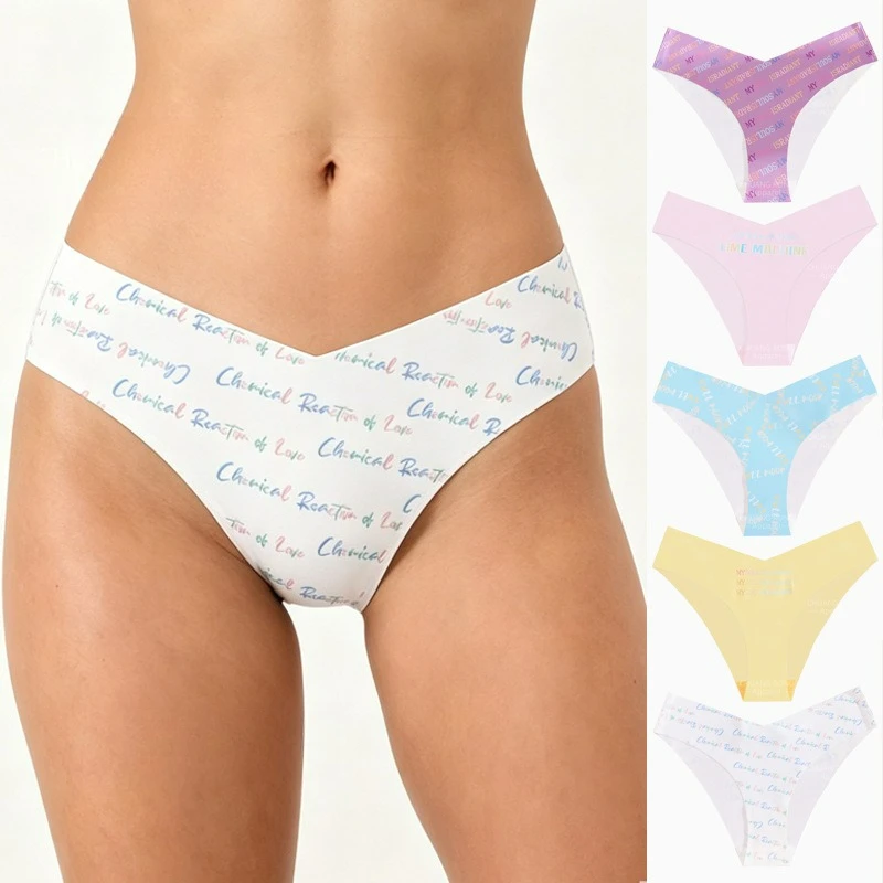 Pack of 4,  US/EU Size, seamless underwear, low waist V-letter printing quick-drying ice silk breathable sports, briefs,Thong