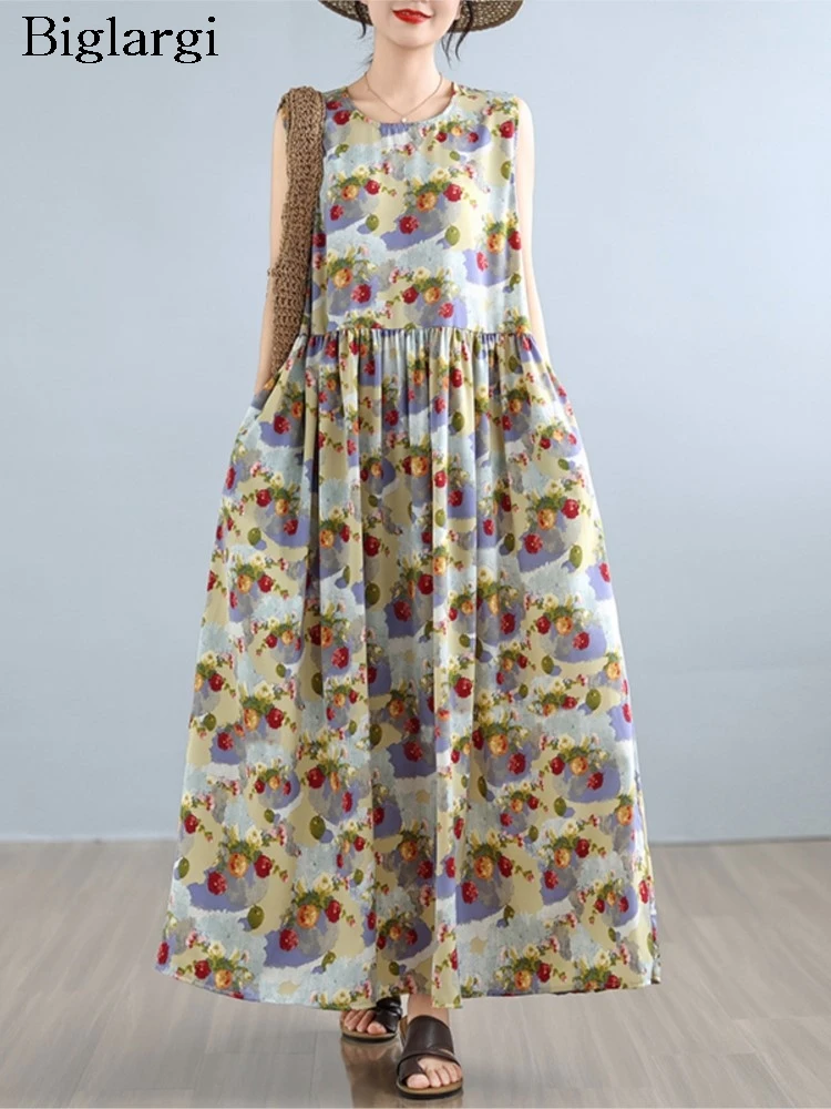 

Oversized Summer Sleeveless Dress Women Floral Print Fashion Bohemian Style Ladies Dresses Loose Ruffle Pleated Woman Dress