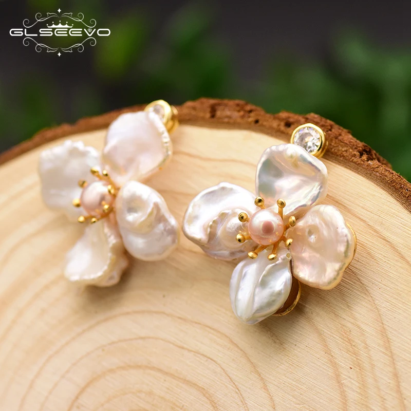 GLSEEVO Original Handmade Natural Fresh Water Pearl Flower Drop Earrings For Women Wedding Jewelry boucle d'oreille femme GE0712