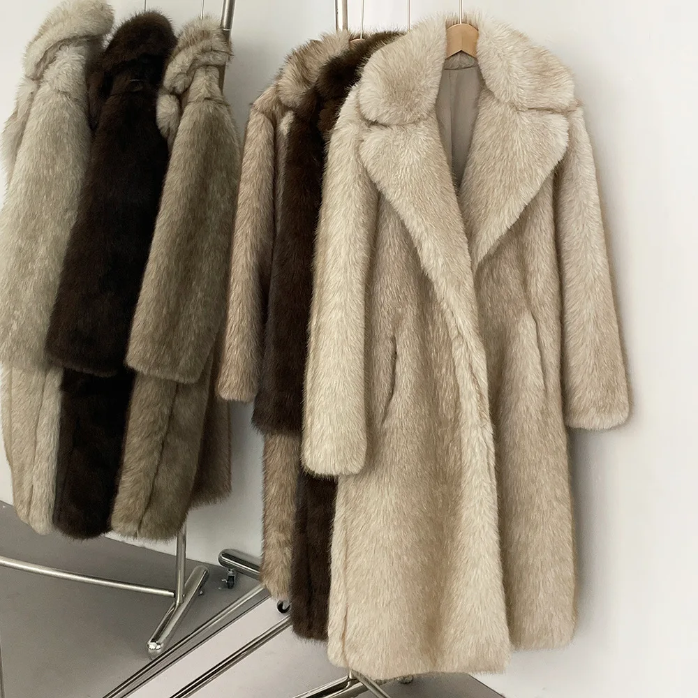 

2025 Winter Women Faux Fur Jacket Coat Solid Khaki Long Sleeve Thick Warm Overcoat Outwear Fluffy Coat For Women
