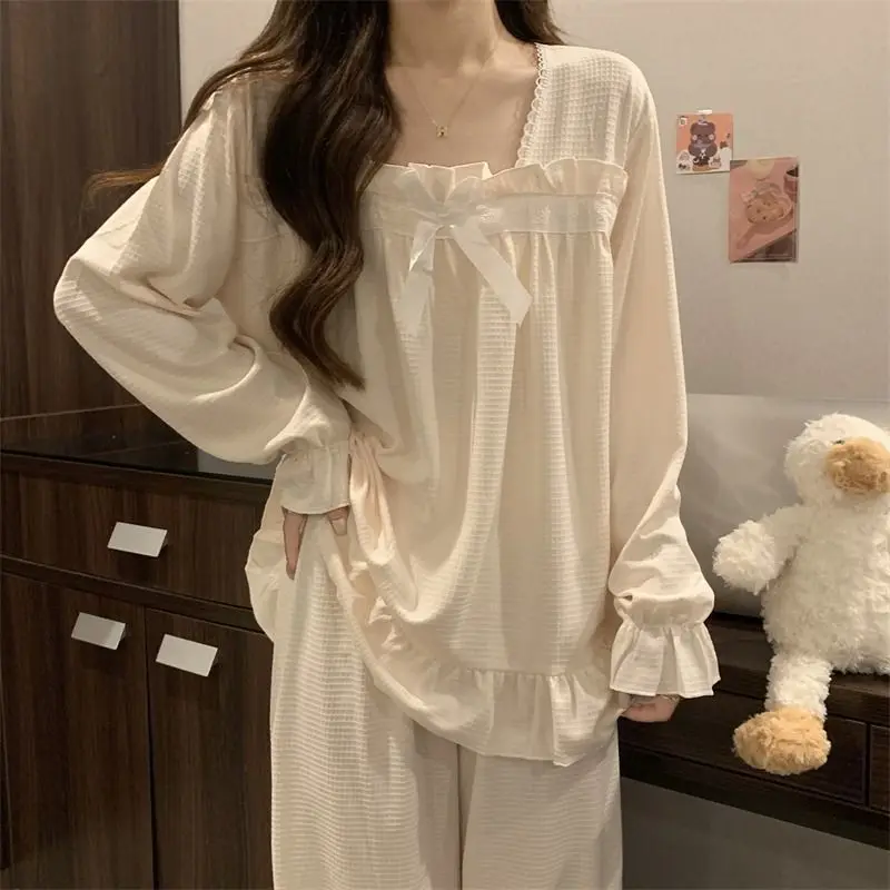 Square Collar Sleepwear Women Pajama Sets Lace Piiama Autumn Pants Sets for Women 2 Pieces Long Sleeve Night Wears Bow Home Suit