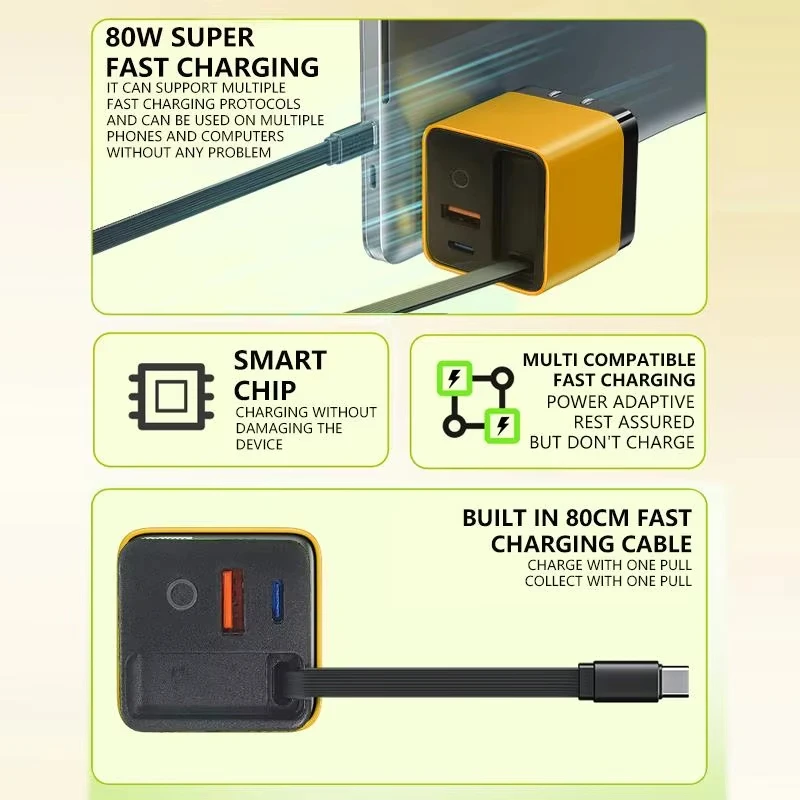 Xiaomi 3 في 1 Gan شاحن سريع 80 وات ماكس وحدة شاحن سريع 3 في 1 كابل جداري قابل للسحب من النوع C ومنافذ USB قابلة للطي #5