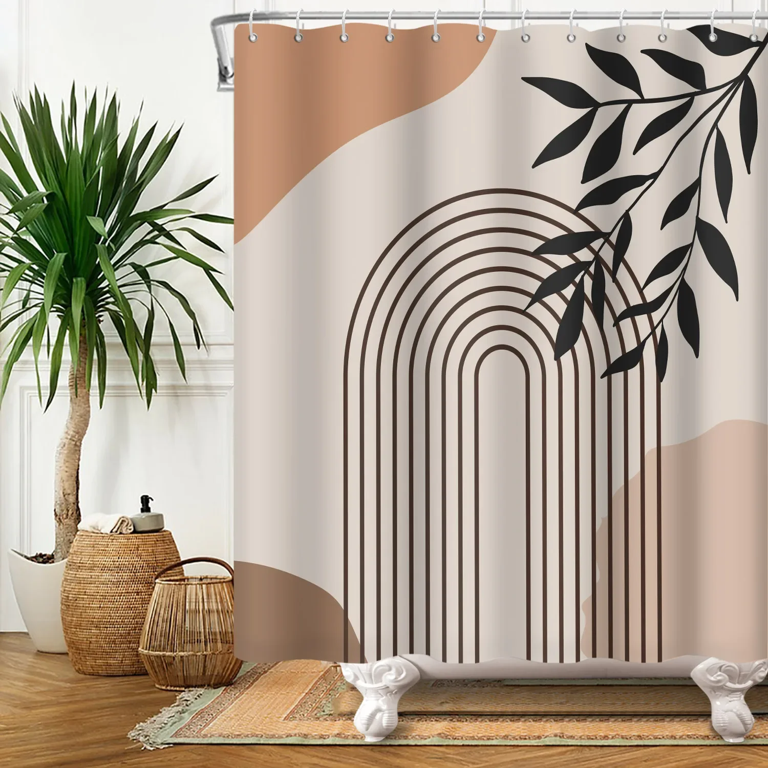 Waterproof Shower Curtain Boho Style Abstract Sun Moon Leaves Pattern Modern Bathroom Decor Minimalist Nature Theme Bath Curtain