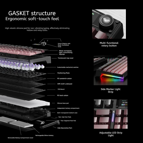 Imagen 2 del producto Nuevo Teclado Mecánico AULA F98 Pro V3, Retroiluminación RGB Personalizable, Inalámbrico Bluetooth, Teclado para Juegos con Interruptor Hifi, Pantalla y Perilla