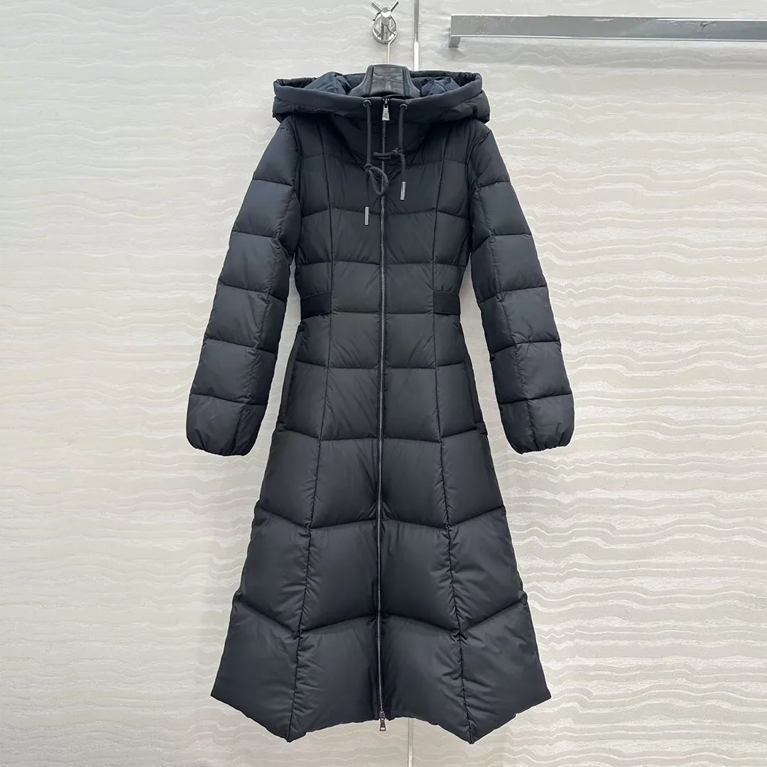 2025 New Winter Fashion Thick White Goose Down A-line Long Coat Women Hooded Long Sleeve Quilted Square Pattern Slim Warm Jacket