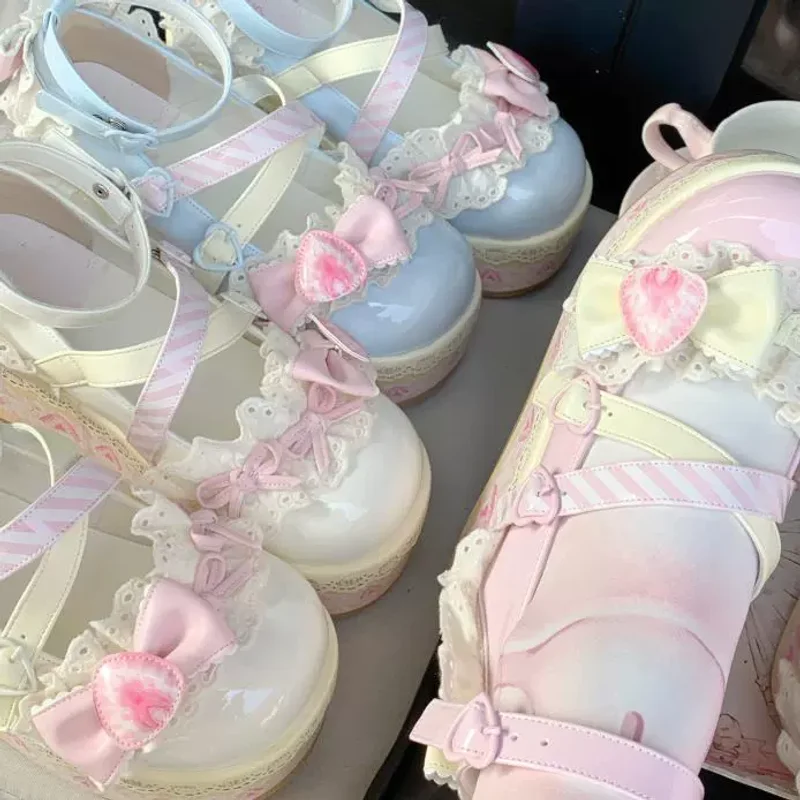 Cute Lolita Shoes Japanese Loli Thick Bottom Fairy Lolita Girls And Girls Sweet Cream Strawberry Leather Shoes