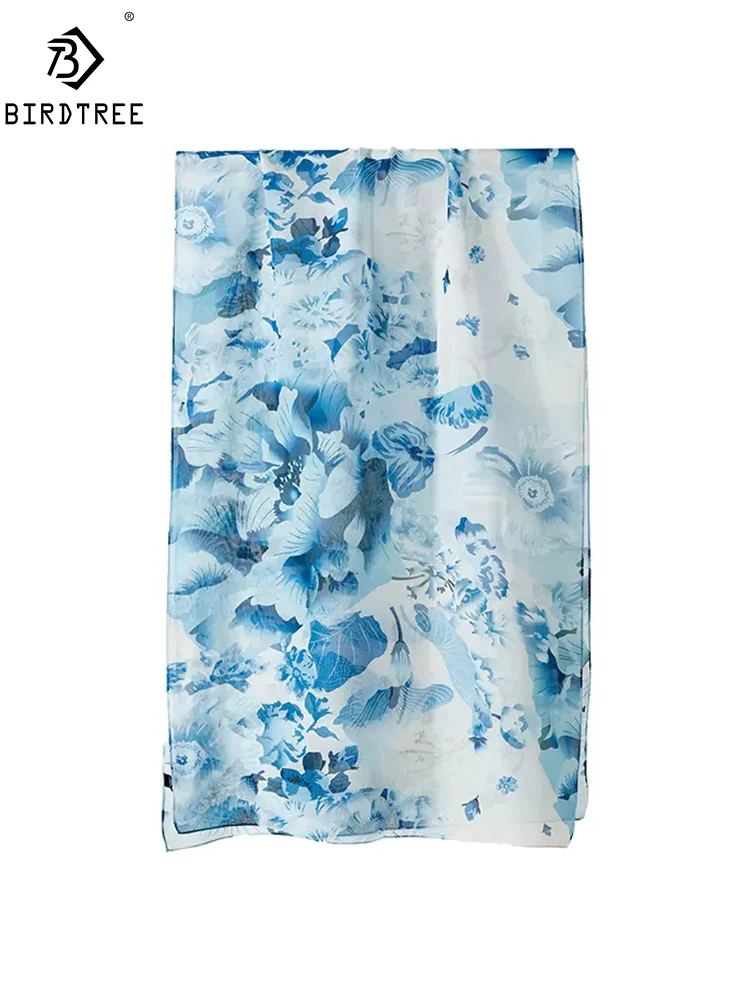 BirdTree, 8MM 100%Mulberry Slik Shawls, 170cm Women Floral Printed, Gifts Original Design Scarf, 2024 Spring Autumn A462117QM