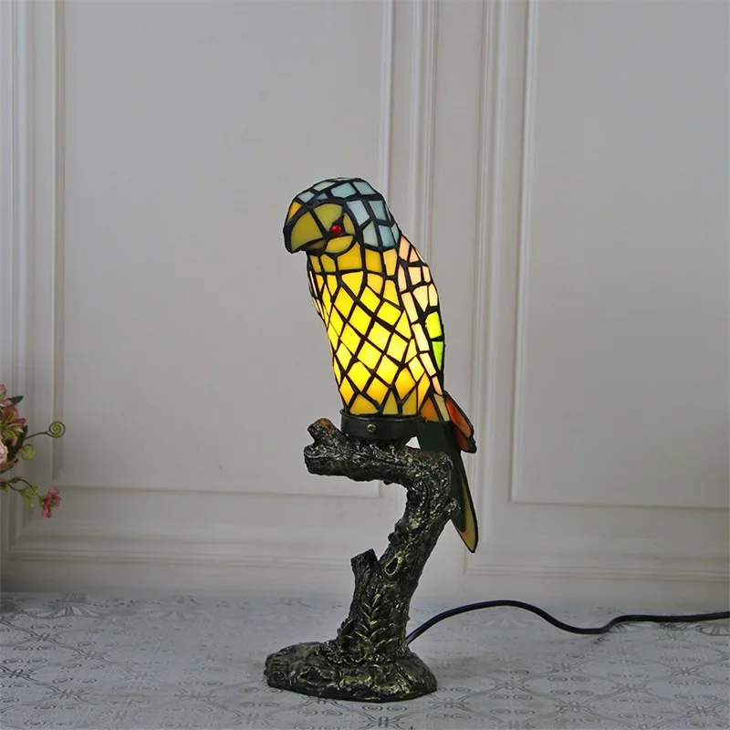 OUFULA Tiffany Parrot Table Light LED Creative Fine Color Glass Desk Lamp For Home Living Room Study Bedside Decor