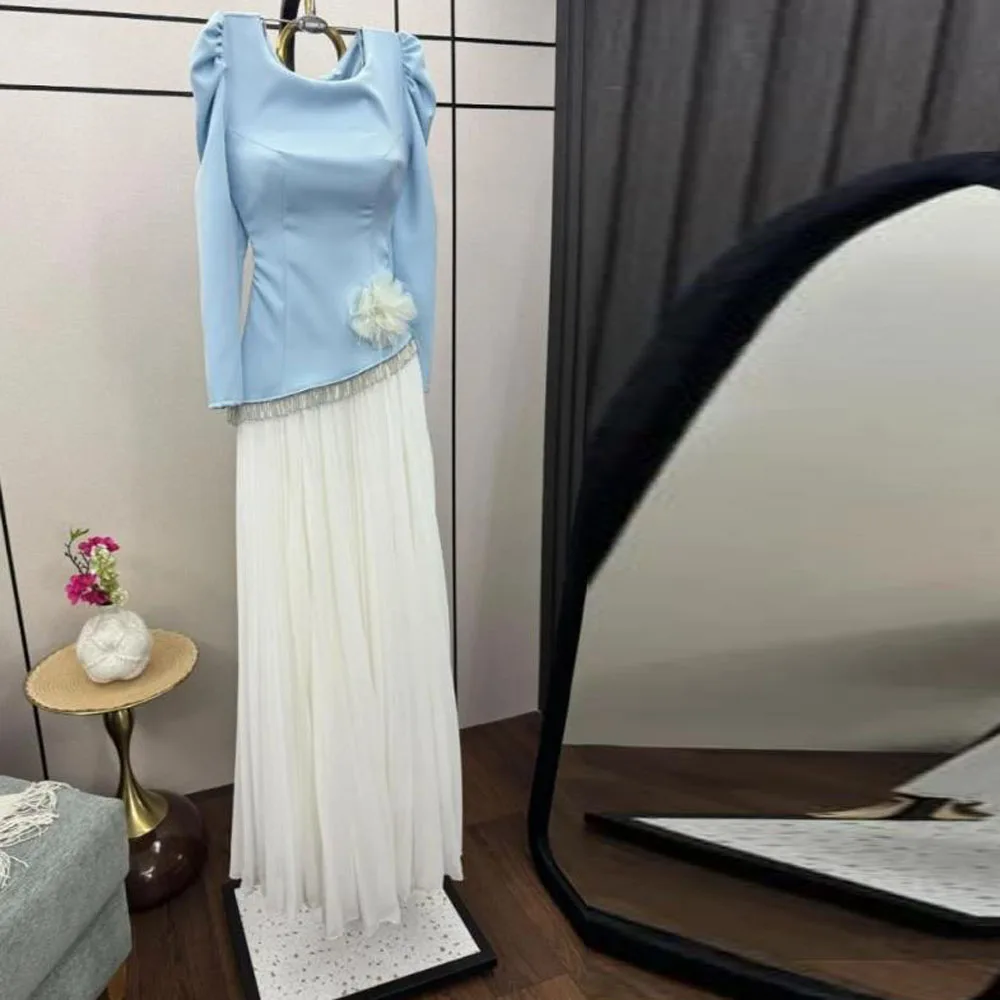 Customized Elegant Contrast Formal Prom Dress O Neck Long Sleeve Pleated Casual Dresses White Chiffon A Line Outfit with Flower