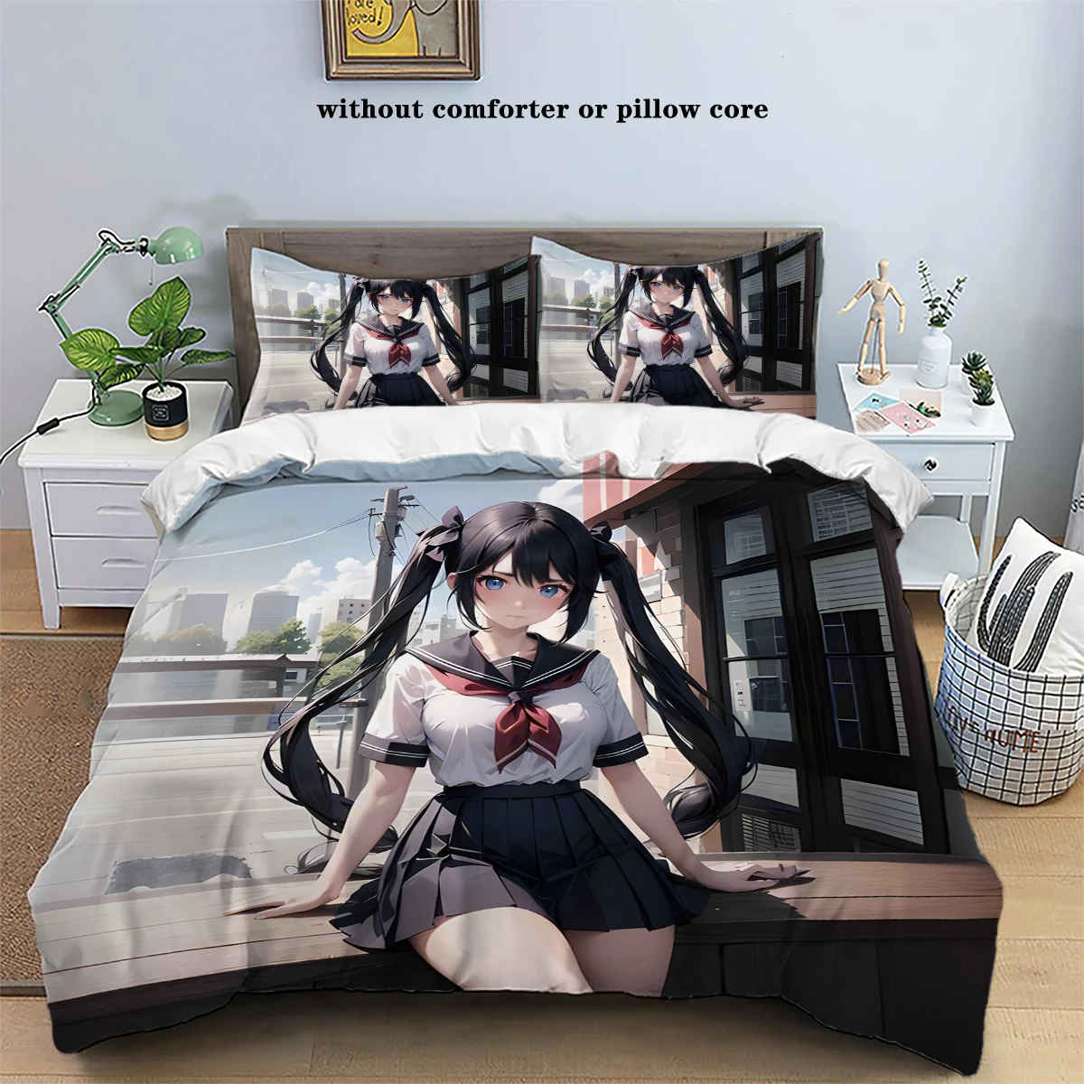 3-piece anime beauty girl series 90gsm set, (1 down duvet cover+2 pillowcases, coreless), comfortable bedroom bedding