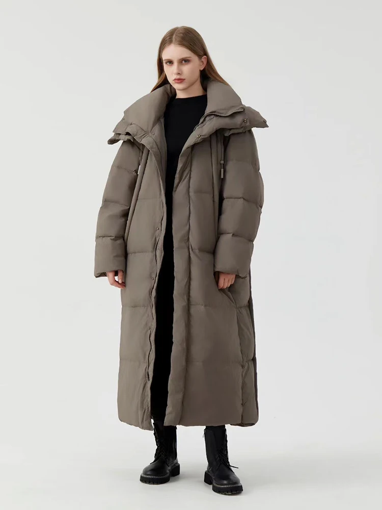 

Winter Long Puff Hooded Knee Length Down Jacket Female Loose Warm Parker Outwears Women White Duck Down Thicken Down Jackets
