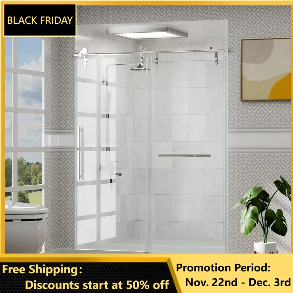 

56-60" W × 76" H Frameless Glass Shower Door, Slidable Shower Door with Stainless Steel Handle, Waterproof and Shatterproof