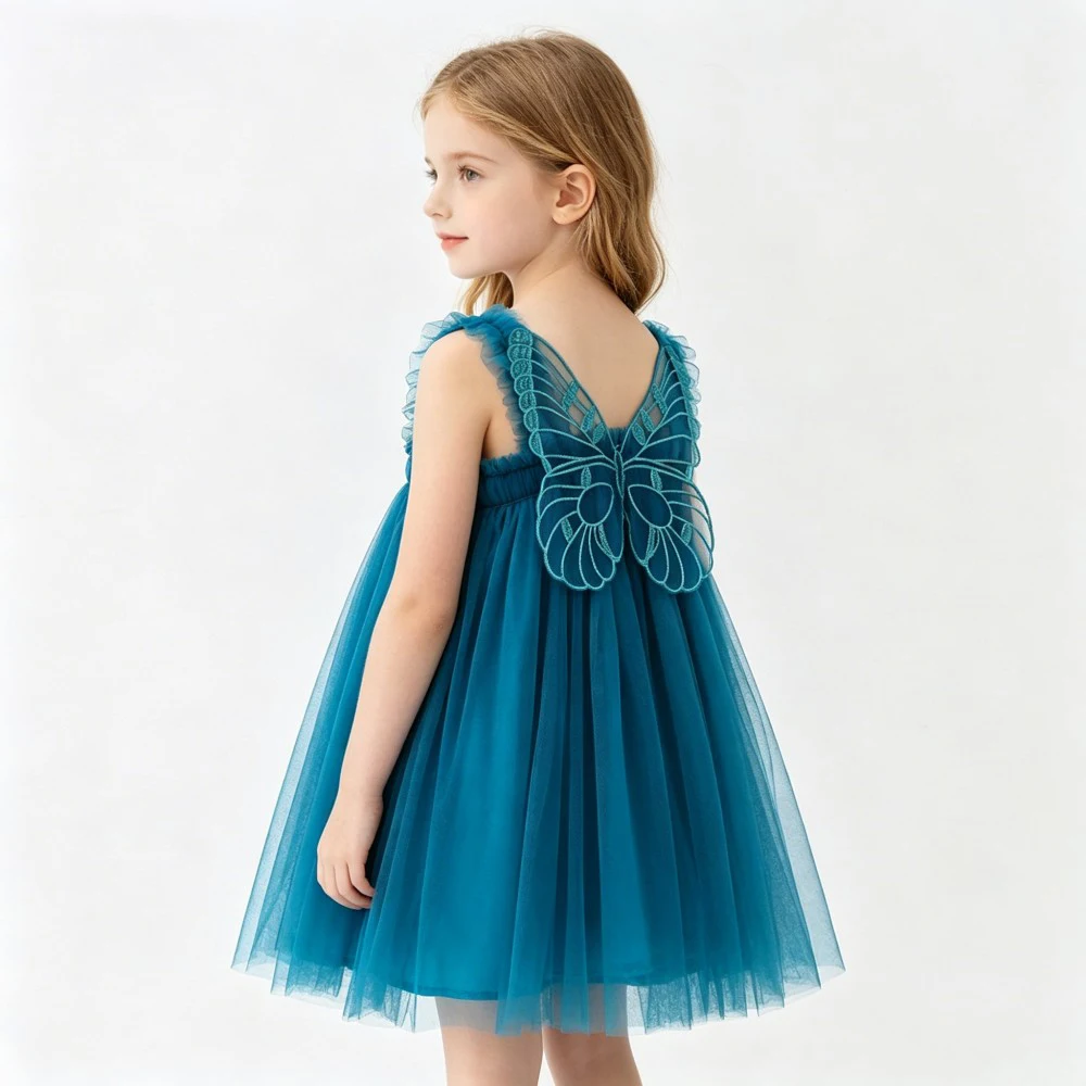 Trending Baby Girls Mesh Dress Sweet Butterfly Back Design Wedding Dress Toddler Party Dress Children Summer Casual Outfits