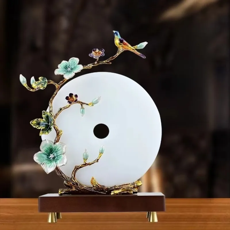 Hollow Smooth Round Disc Ornament Twisted Branch Floral & Bird Metal Accent Solid Dark Wood Footed Block Desk Static Decor Craft