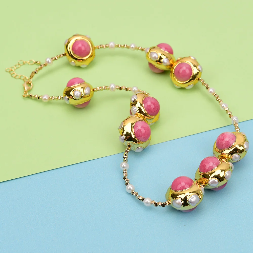 

GG пресноводный натуральный белый жемчуг с золотыми краями розовый нефрит колье ручной работы ожерелье для женщин