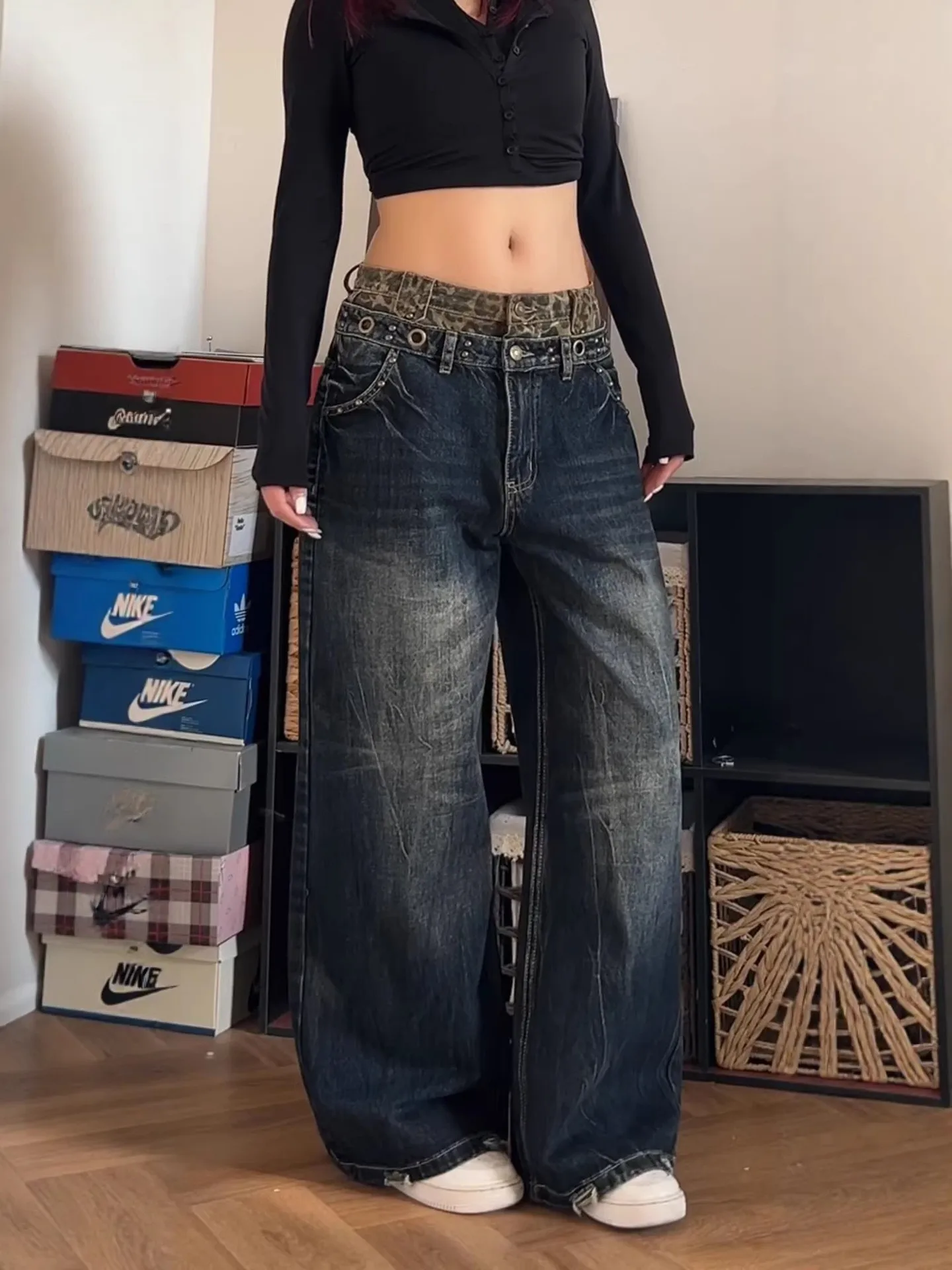 

Джинсы женские больших размеров в американском ретро-стиле с леопардовым принтом, с высокой талией, широкими штанинами, свободного кроя, прямые, повседневные, из денима