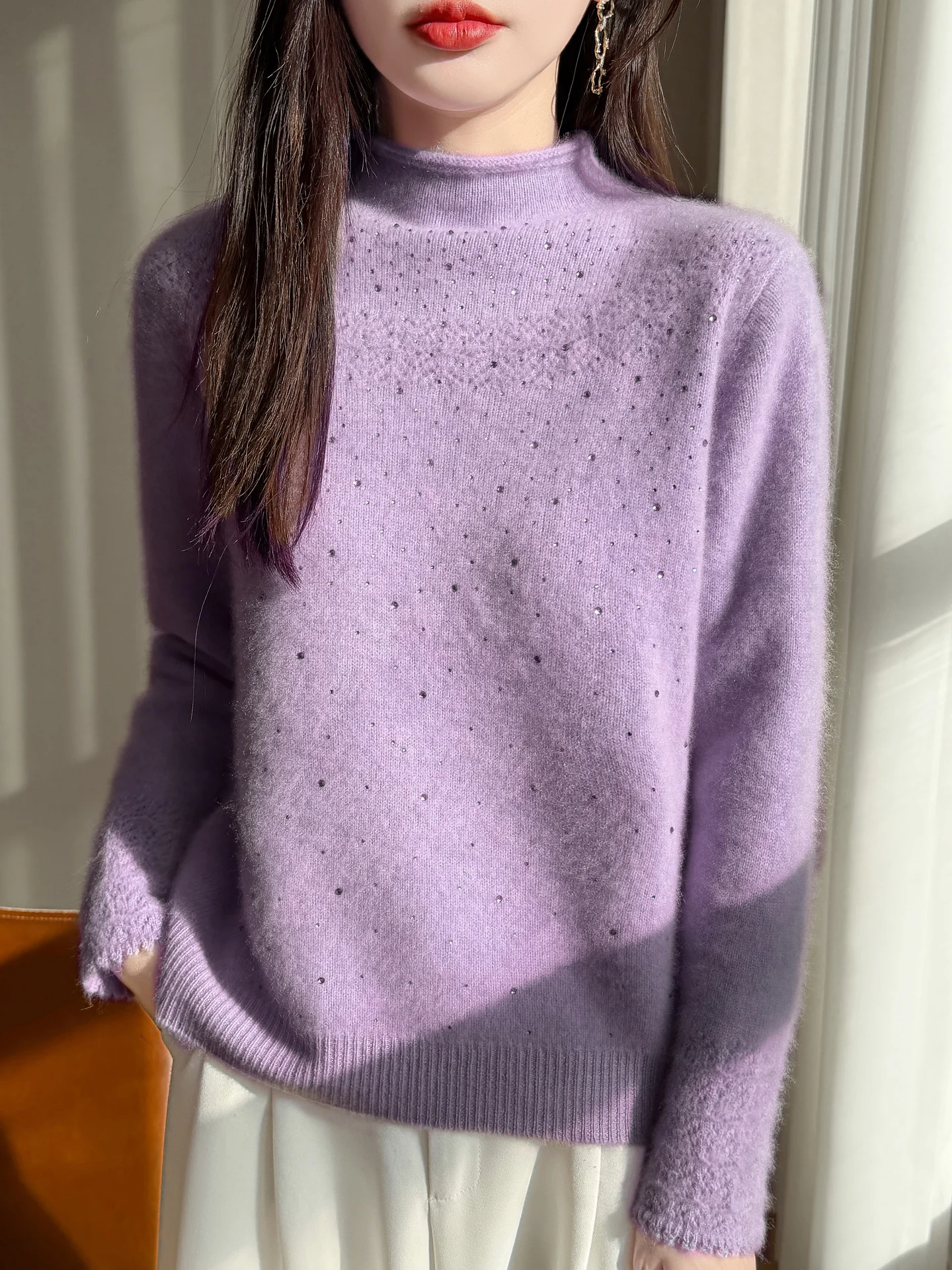 

TLOML Women's 100% Merino Wool Sweater O-Neck Hollow-out Diamond Pullover Autumn Winter Cashmere Knitted Female Soft Basic Tops