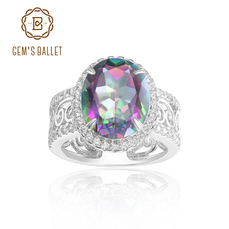 

GEM'S BALLET Women's Ring 4.36Ct 10x12mm Rainbow Mystic Topaz Filligree Scroll Gemstone Rings in Sterling Silver Gift For Her