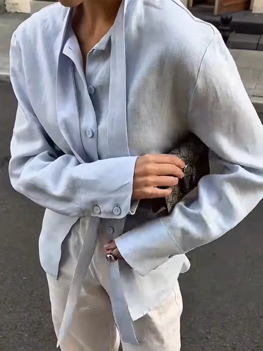 Wolfeel 100% コットン 新秋 タイベルト付きシャツ レディース フローティングリボン カーディガン トップス 通勤 スリムブラウス