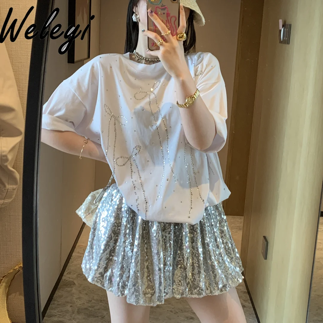 Large Size Shinny Sequined Skirt Woman Koream Fashion  Women's Summer 2024 New Sweet High Elastic Waist Sequins Bud Skirt Female