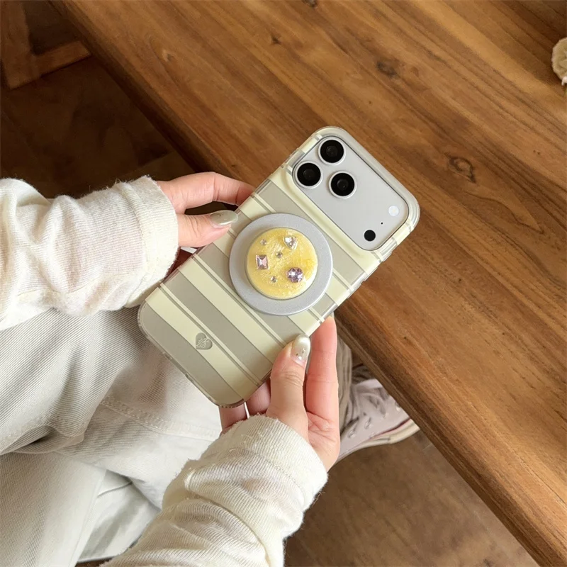 

Kawaii Striped For MagSafe Phone Case For iPhone 15 16 17 Pro Max With Diamond Grip Stand Cute Cover For Girls iPhone 17 case