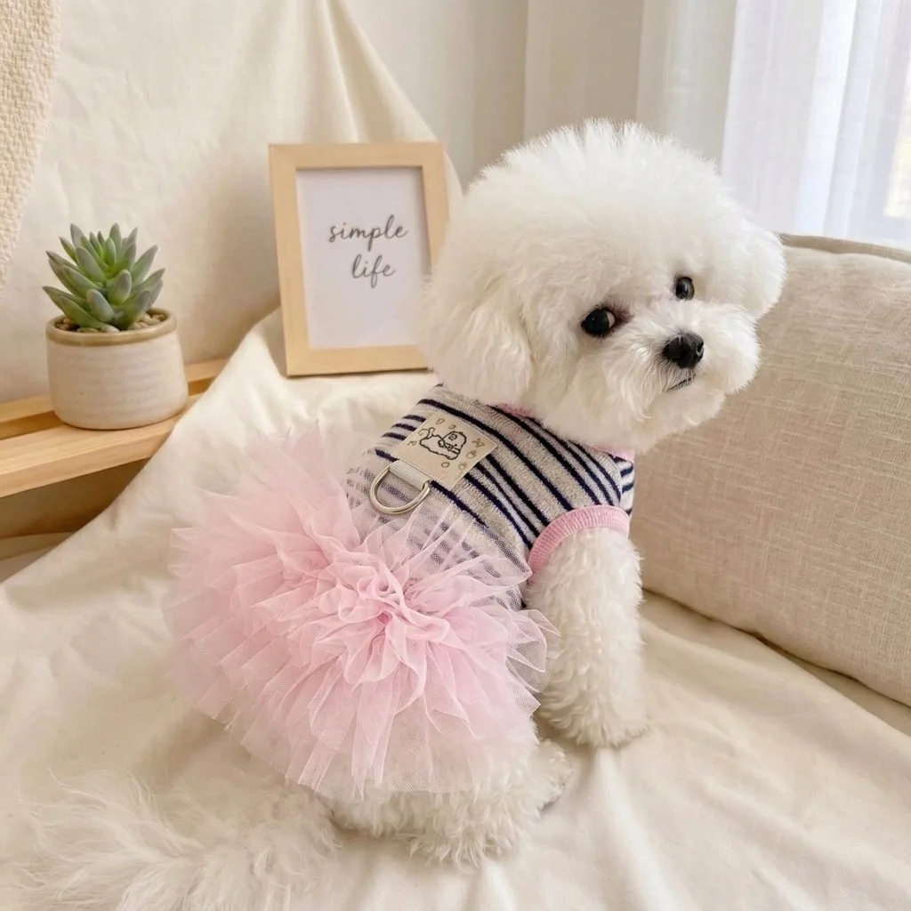 Pet Striped Vest, Cute Mesh Patchwork Dress, Sunscreen Pet Couple Outfit, Princess Style Fluffy Skirt Puppy Clothes