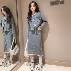 Girls Spring Suit 2023 New Fashionable Mid Big Childrens Fashion Spring and Autumn Girls Denim Skirt Two Piece Fashion Set