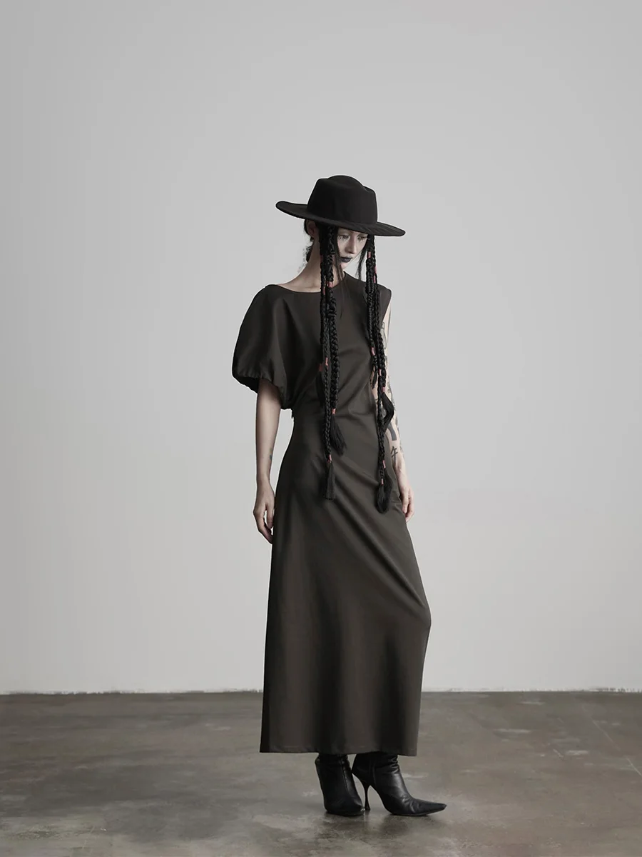 

Slimming Asymmetrical ort Sve round Ne Dr Women's Spring Summer Midi Length Waist Cinched Dres Faionable Commute