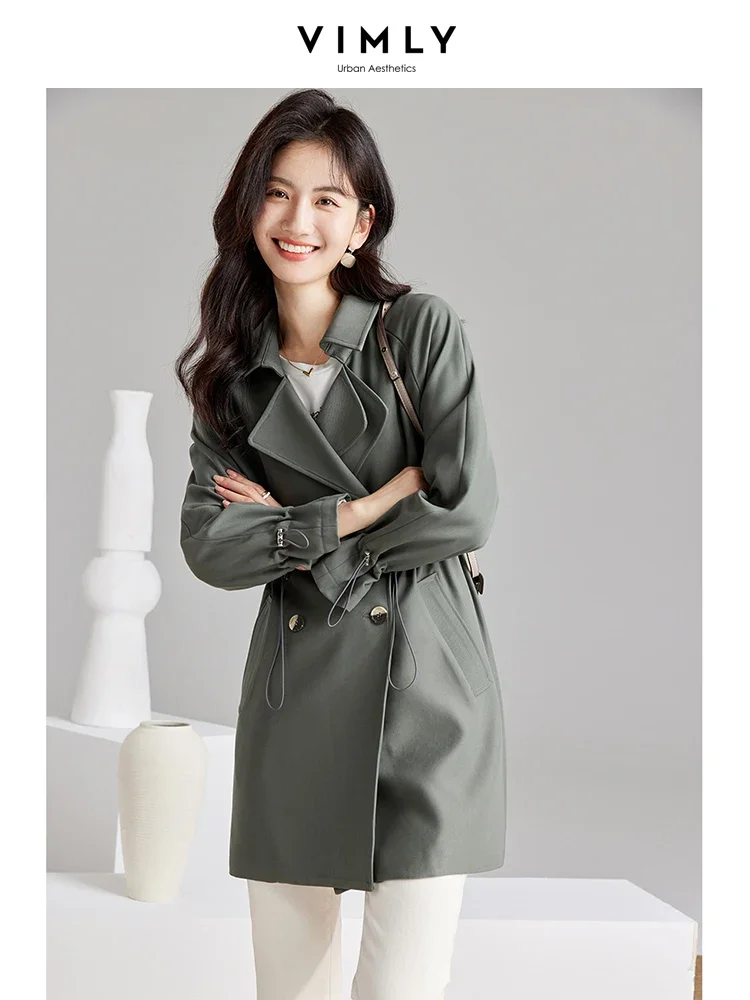 Vimly Korean Style Trench Coats for Woman 2023 Autumn Fashion Outerwear Classic Lapel Drawstring Slim Long Sleeve Overcoat M2902