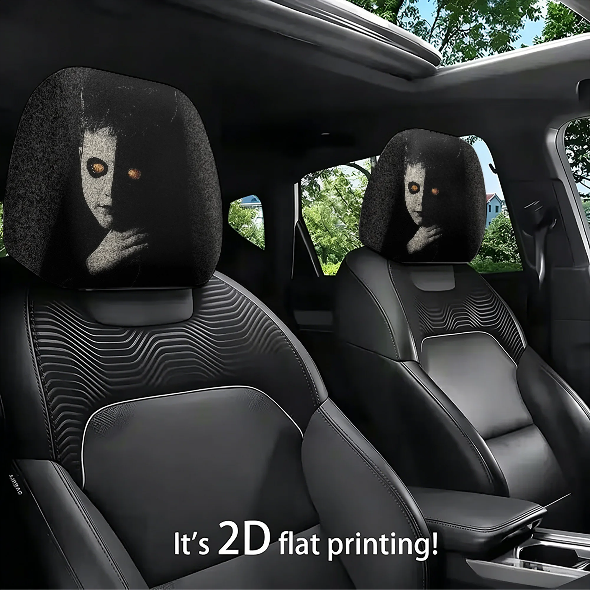 2pcs Dark Devil Boy Pattern Car Headrest Covers—add a gothic flair to your car’s interior. Does not include filling. Easy to ins