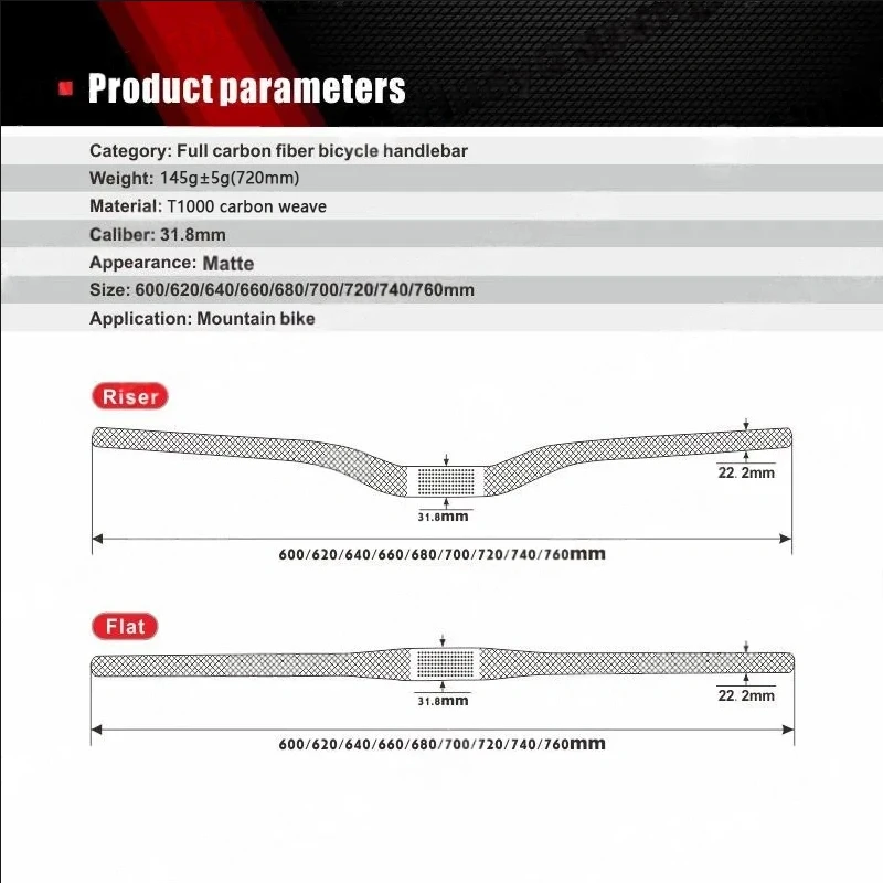 Mattschwarzer Carbonfaser-Mountainbike-Lenker MTB-Lenker Fahrradteile 31,8mm Rise/Flacher Lenker 600mm - 780mm – Detail 3