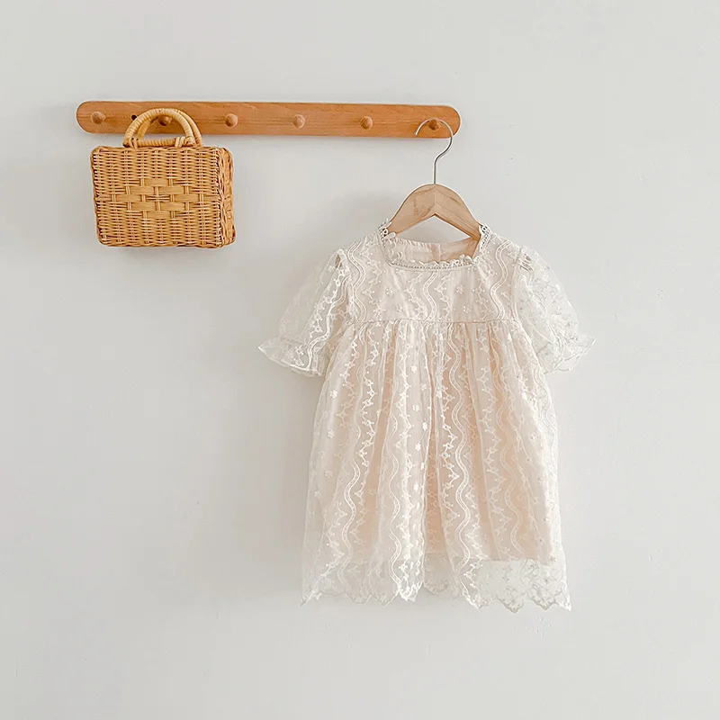 Robe d\'été en dentelle à manches courtes pour bébés filles, tenue de princesse assortie et ajustable, barboteuse en coton