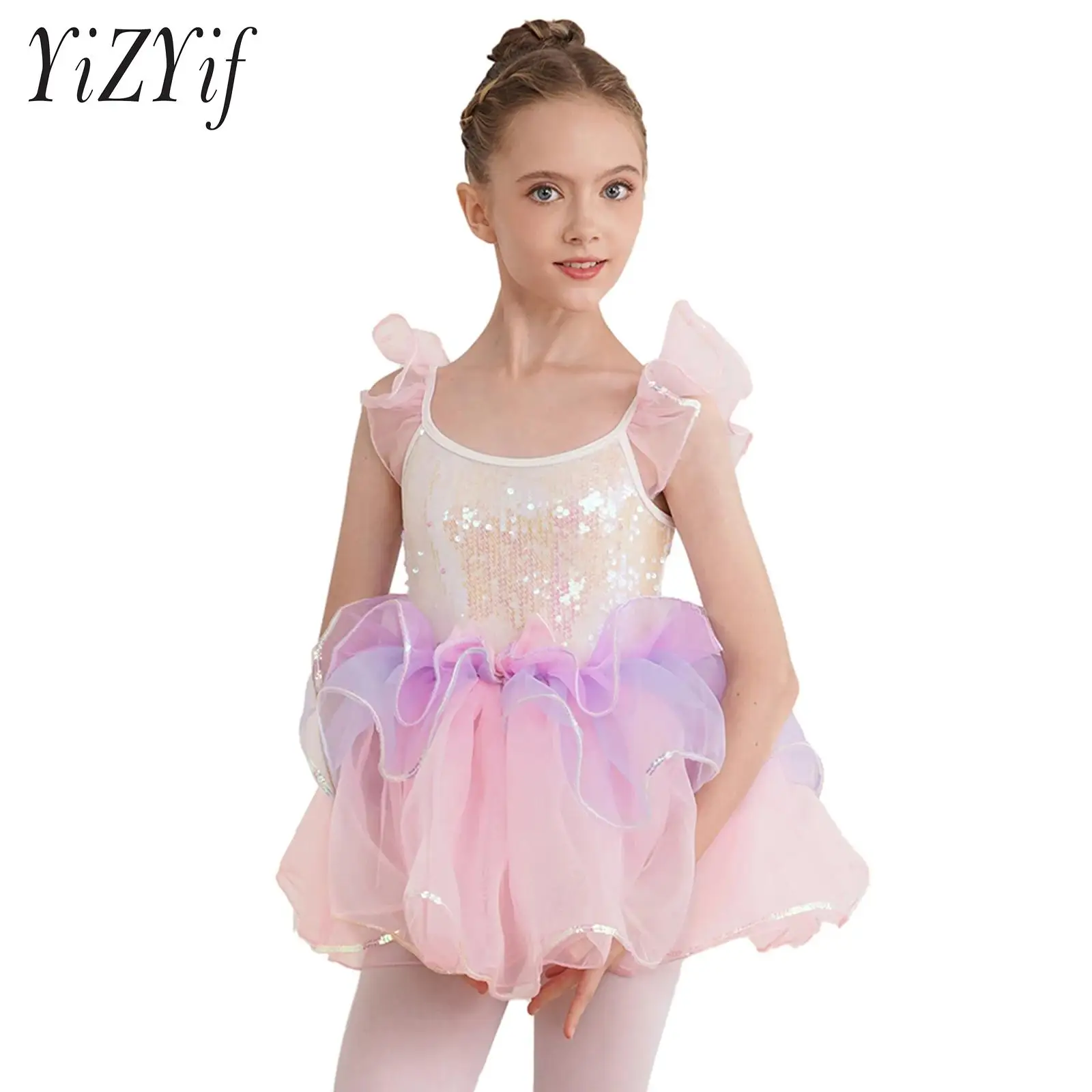 

Kids Girls Ruffled Sleeve Bowknot Ballet Tutu Dress Sparkly Sequins Tiered Dress Birthday Party Dance Performance Costume