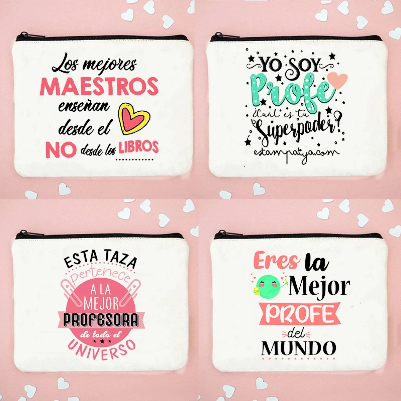 Best Teacher In The World Spanish Print Travel Toiletries Organizer Teacher Gift Makeup Bags Teacher Canvas Pencil Storage Pouch