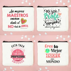 El mejor maestro del mundo, organizador de artículos de tocador de viaje con estampado español, bolsas de maquillaje de regalo para profesores, bolsa de almacenamiento de lápices de lona para profesores