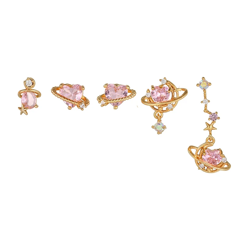 

5pcs Gold Color Cute Heart Dangle Earrings for Women Exquisite Pink Zircon Piercing Stud Earrings Set Fashion Jewelry Wholesale