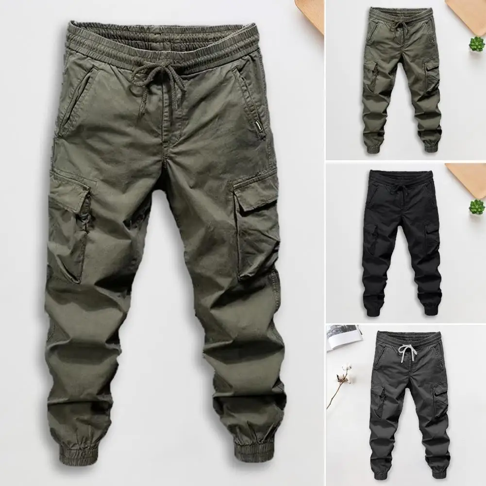 Solid Color Cargo Pants Men\'s Spring/autumn Cargo Pants with Elastic Waist Drawstring Multi-pocket Outdoor Sport for Streetwear