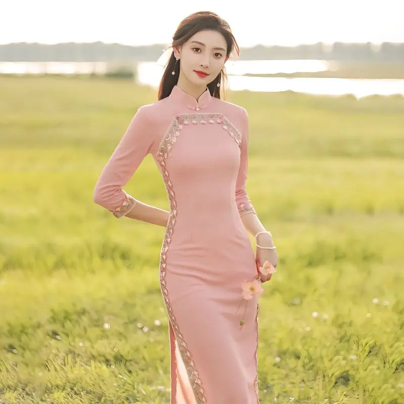 

Silk Embroidered Long Cheongsam 2023 New Lace Edge Improved Qipao Chinese Style Evening Dresses Woman Ceremony Dress