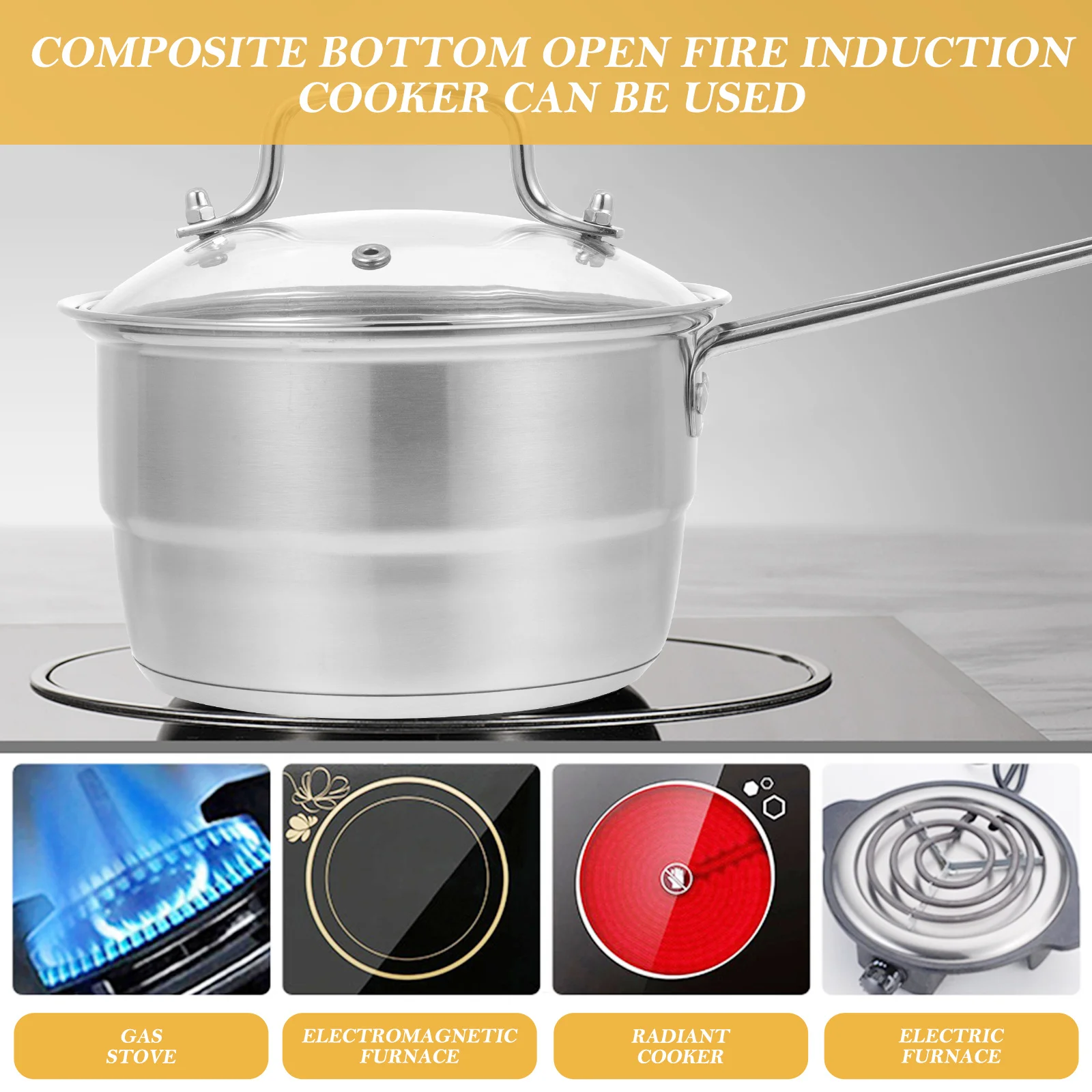 

1 set Stainless Steel Milk Long Handle With Lid Household Cooking Pot For Baby Food Soup Noodle Steaming Kitchenware Stew Pot