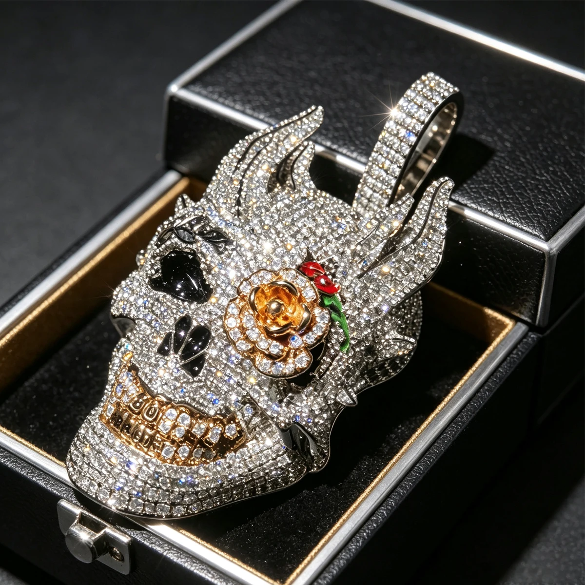 Image of Hip-Hop-Anhänger mit Vollbesatz aus Kubischem Zirkonia, Teufelsschädel-Maske, Rosen-Design, Edle Schmuckgeschenke für Männer, Jungen, Freunde, Halsketten-Anhänger